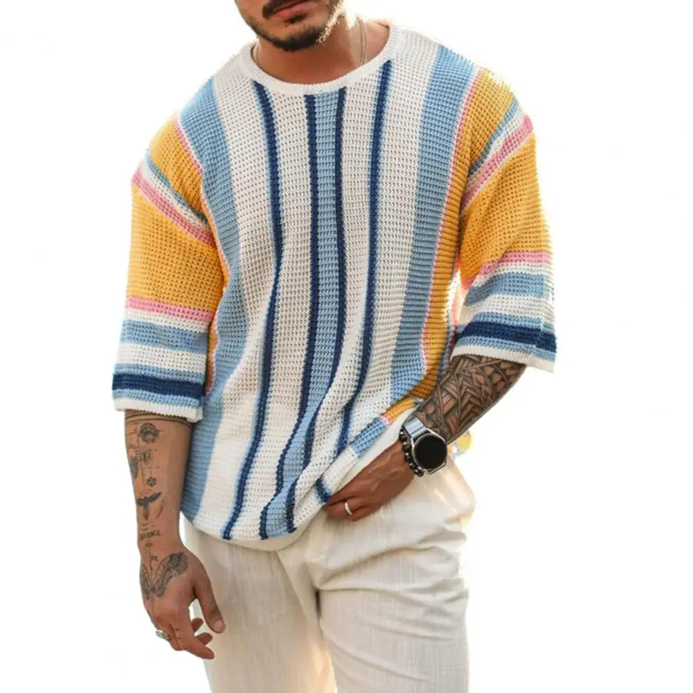 Męski Dzianinowy T-shirt Boho z Kolorowymi Paskami