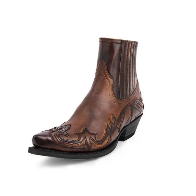 Skórzane botki kowbojki z tłoczeniem – unisex, styl western