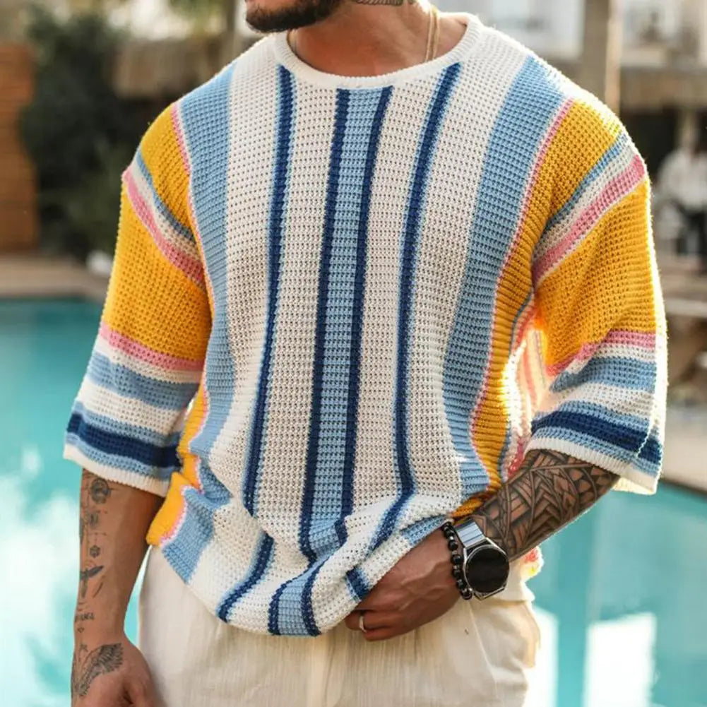 Męski Dzianinowy T-shirt Boho z Kolorowymi Paskami