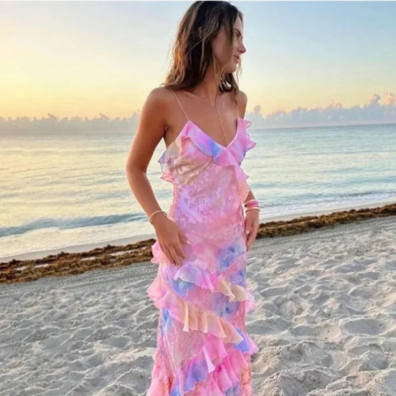 Sukienka maxi z falbanami i cienkimi ramiączkami