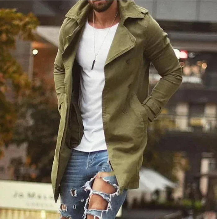 Męski płaszcz trencz z kołnierzem, lekki, styl casual-elegancki