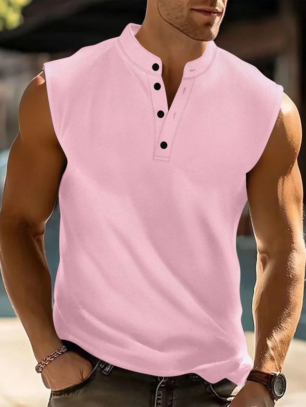 Męski Bezrękawnik Henley – Lekka Koszulka Bez Rękawów