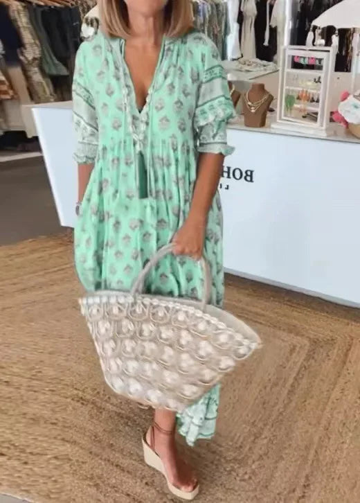 Długa sukienka boho z dekoltem V i luźnym krojem