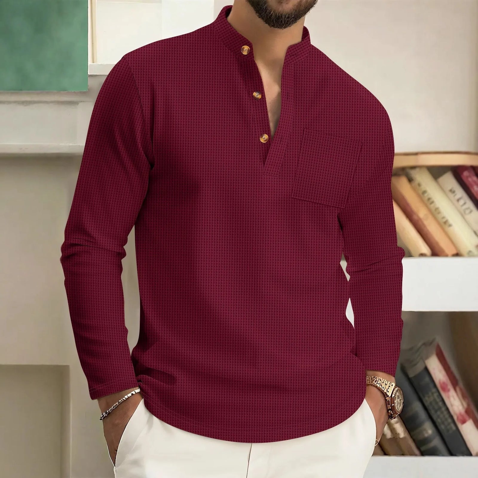 Męska Koszulka Henley z Długim Rękawem