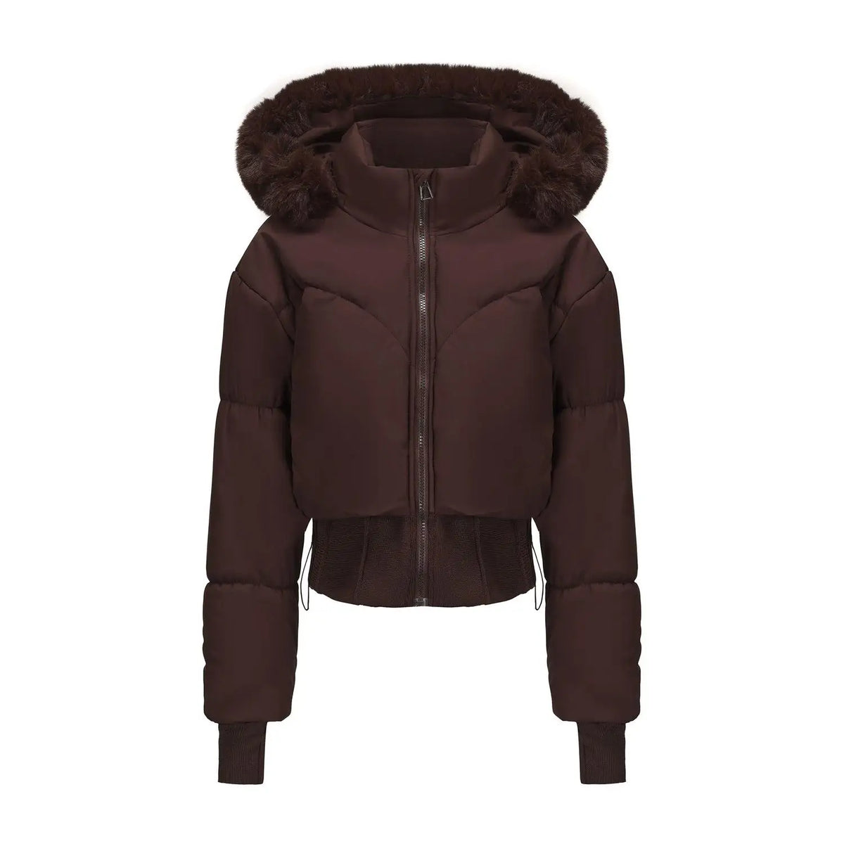 Damska krótka kurtka zimowa z kapturem i futerkiem – ocieplana puchówka z zamkiem