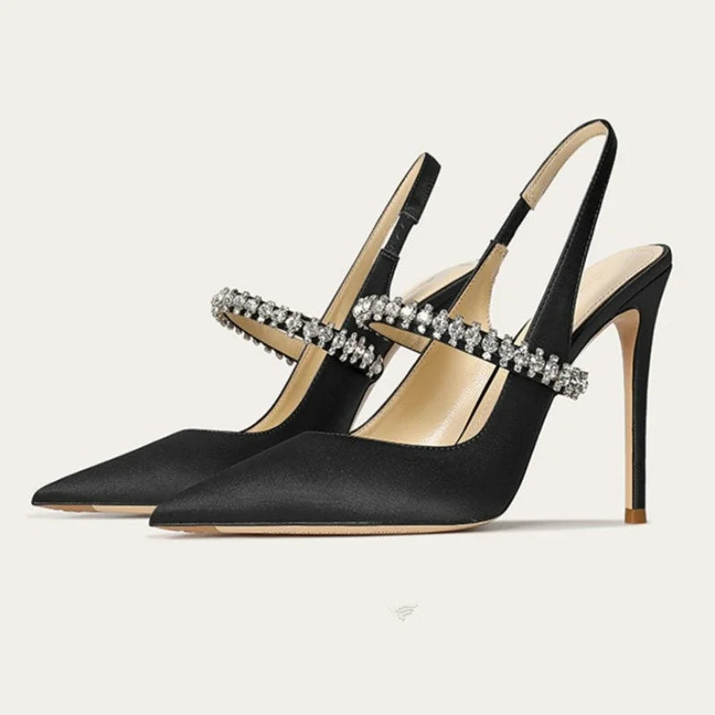 Damskie Szpilki Slingback z Kryształowym Paskiem – Eleganckie Czółenka na Wesele i Wieczór