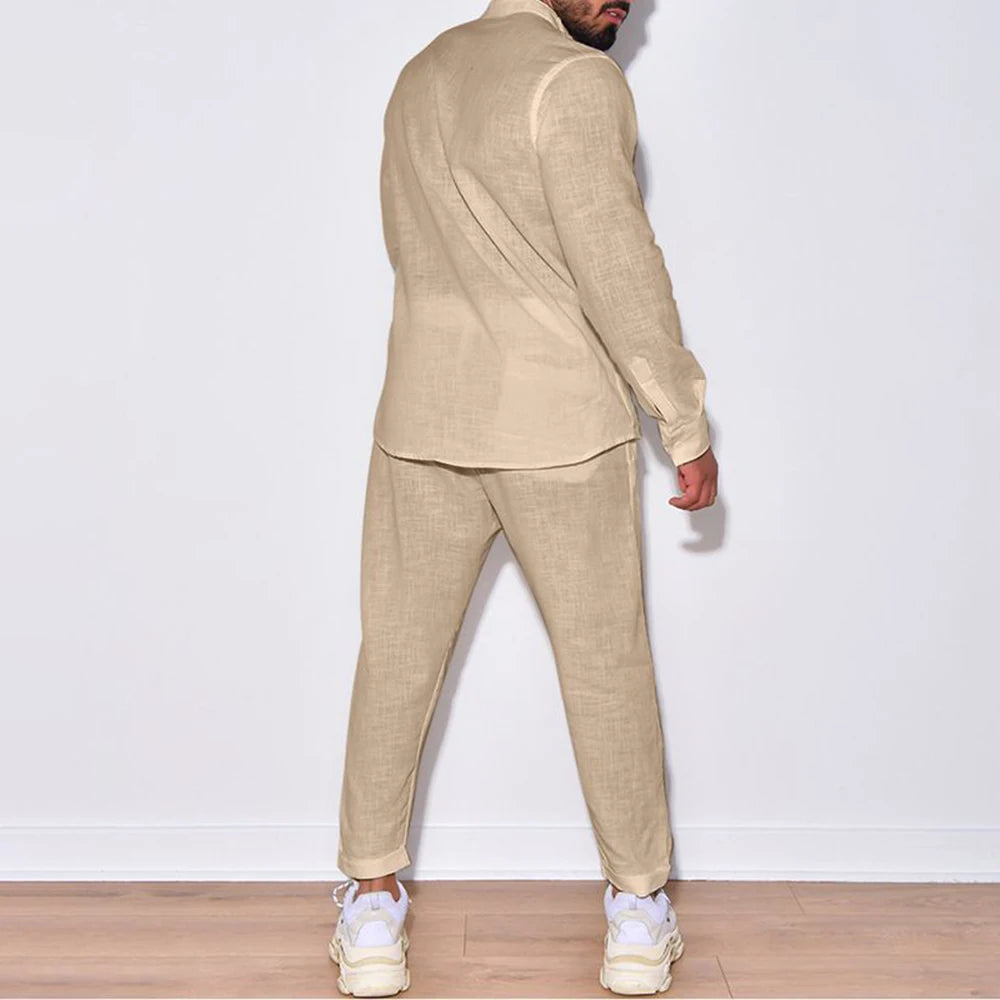 Męski Lniany Zestaw: Koszula i Spodnie