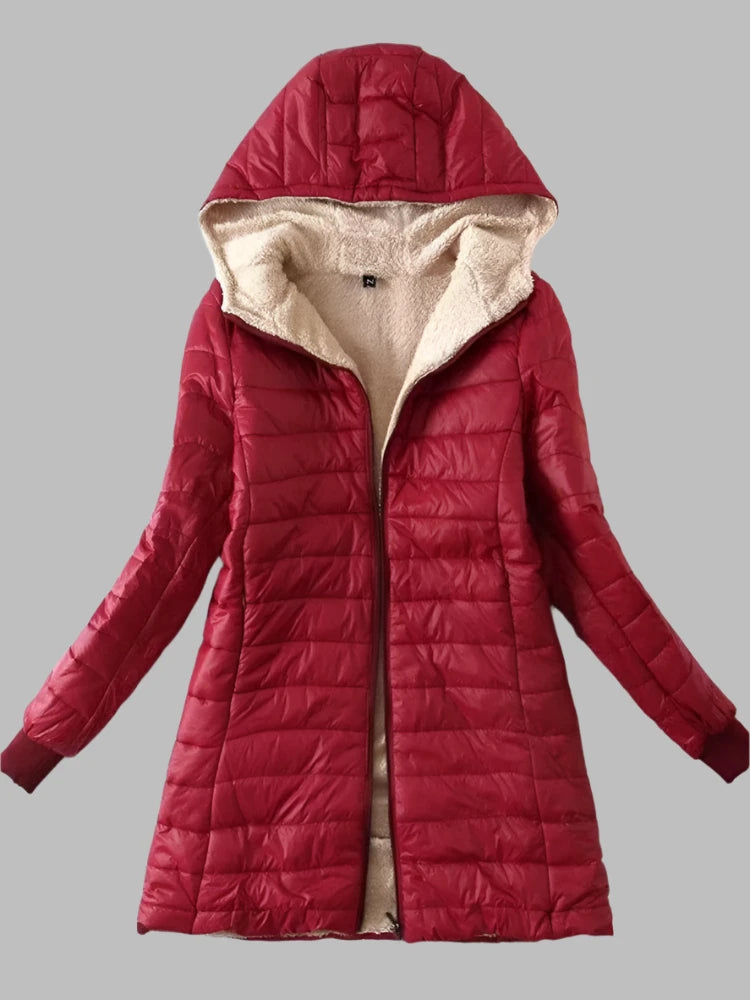Damska długa kurtka puchowa z kapturem i ocieplanym wnętrzem