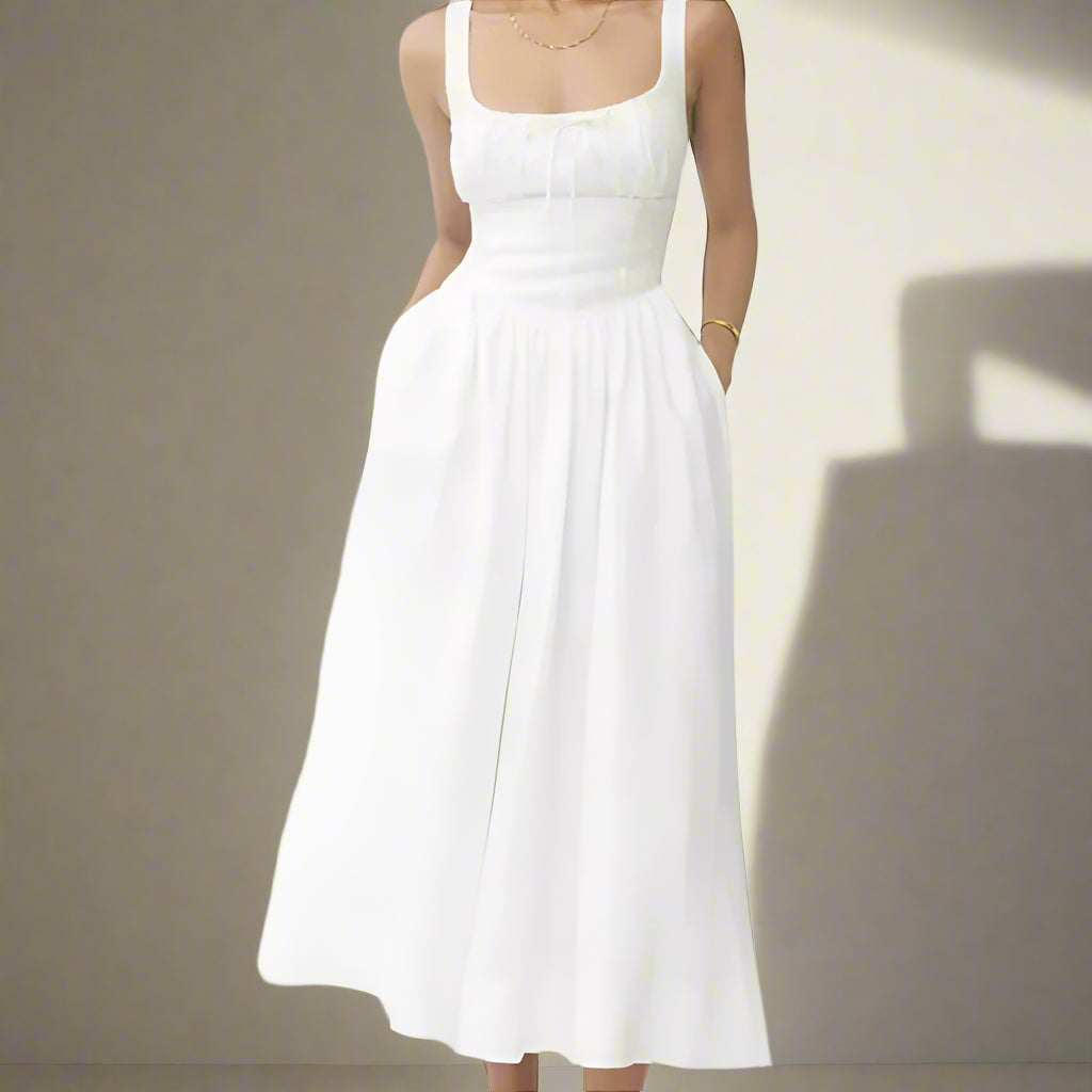 Damska lniana sukienka midi na ramiączkach