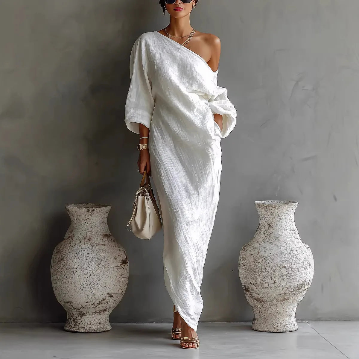 Długa Sukienka Maxi One Shoulder z Luźnym Fasonem