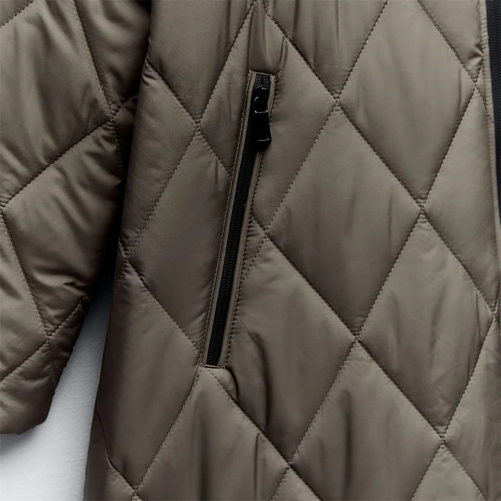 Damska długa kurtka oversize pikowana z kapturem