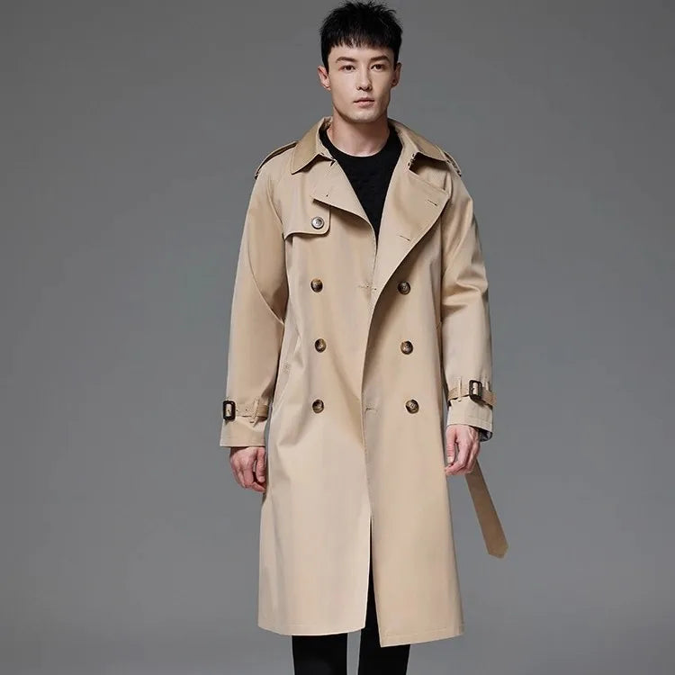 Męski trencz klasyczny, wodoodporny i wiatroszczelny, elegancki płaszcz z paskiem