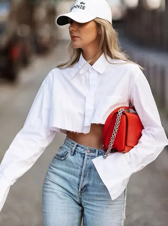 Krótka Damska Ucięta Biała Koszula