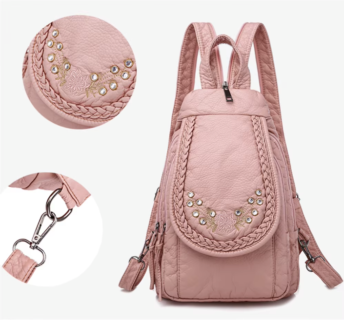 Damski plecak z ozdobnym haftem i kryształkami w kształcie kota