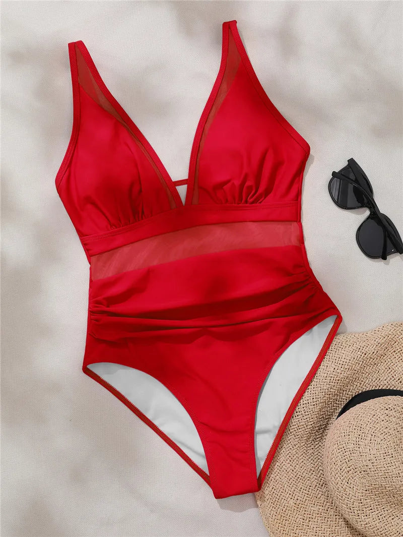 Elegancki Jednoczęściowy Strój Kąpielowy z Wstawkami z Siateczki