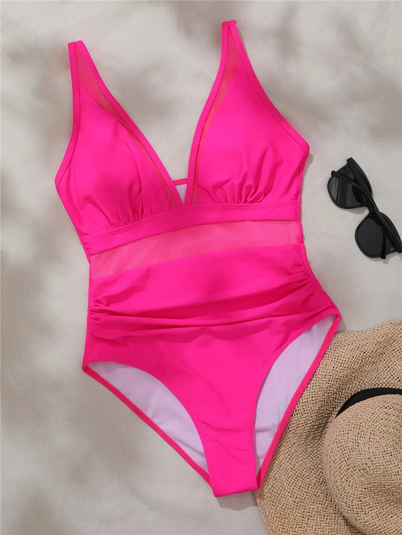 Elegancki Jednoczęściowy Strój Kąpielowy z Wstawkami z Siateczki