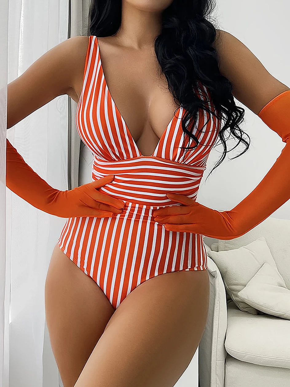 ednoczęściowy Strój Kąpielowy Damski – Głęboki Dekolt, Wyszczuplająca Talia, Styl Retro z Paskami