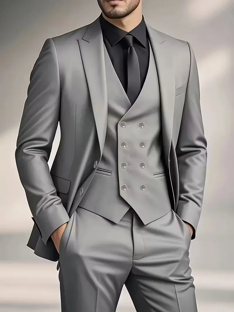 Męski Garnitur 3-Częściowy Slim Fit – Elegancki Garnitur z Dwurzędową Kamizelką