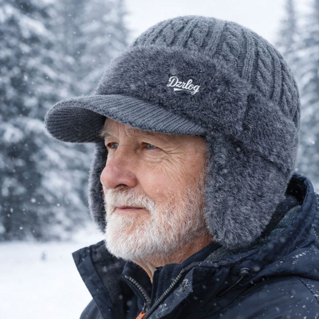 Ocieplana czapka zimowa unisex z daszkiem i nausznikami – idealna dla seniorów