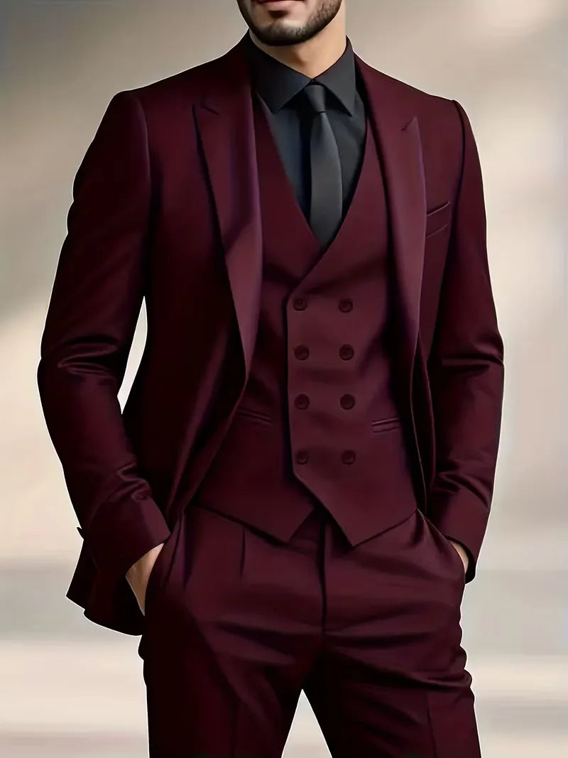 Męski Garnitur 3-Częściowy Slim Fit – Elegancki Garnitur z Dwurzędową Kamizelką