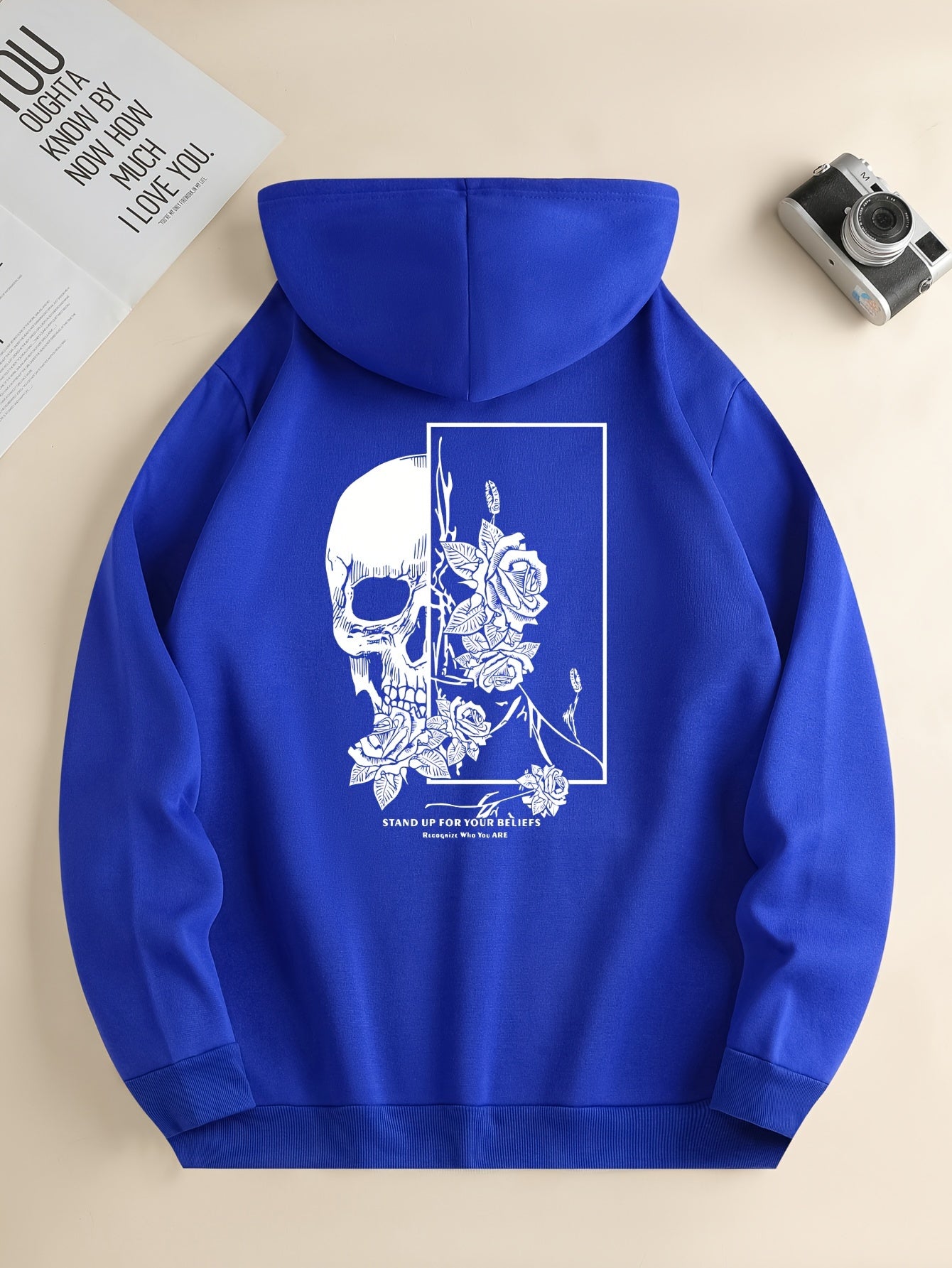 Bluza z Kapturem z Graficznym Nadrukiem Czaszki i Róż