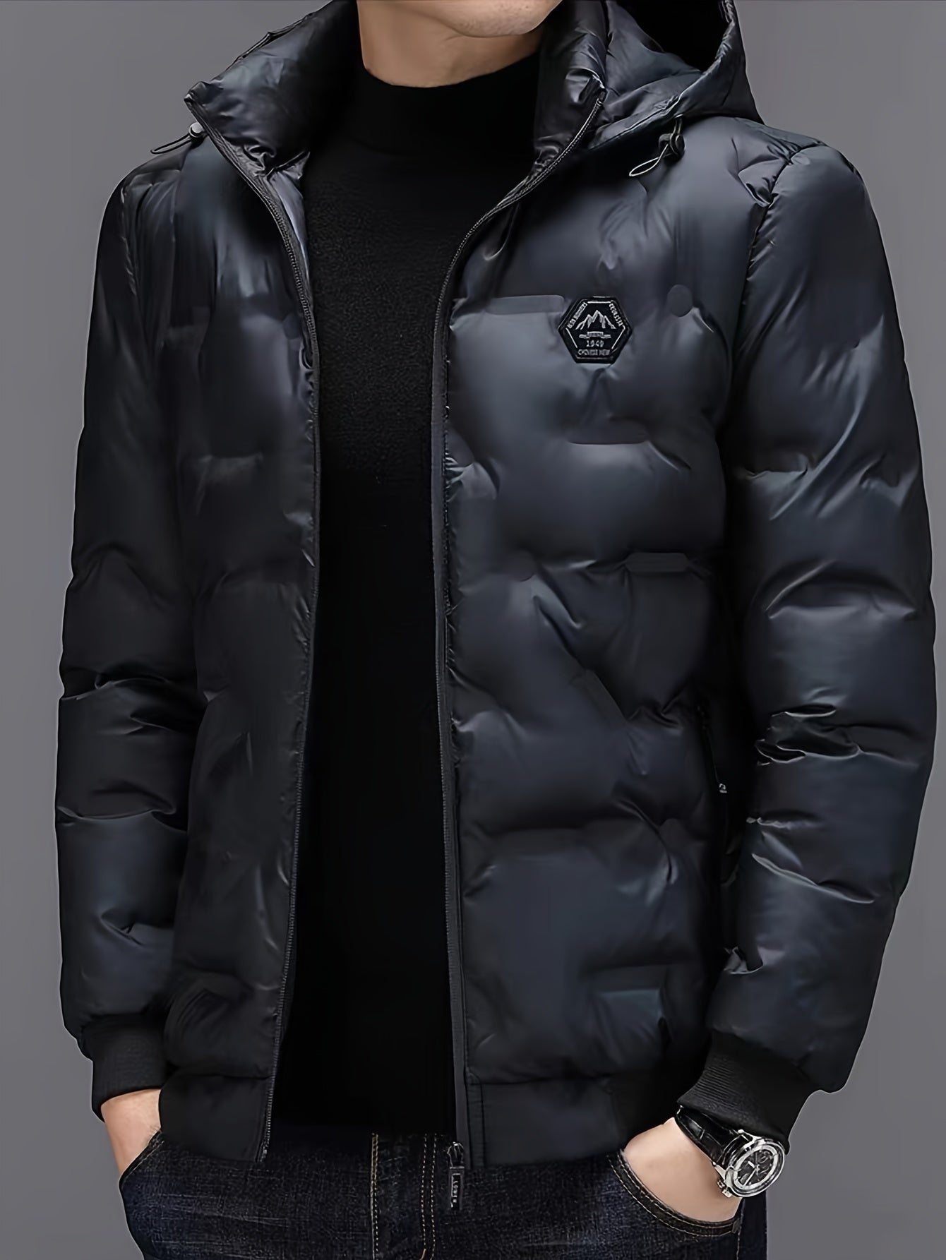 Męska pikowana puchowa kurtka zimowa z kapturem