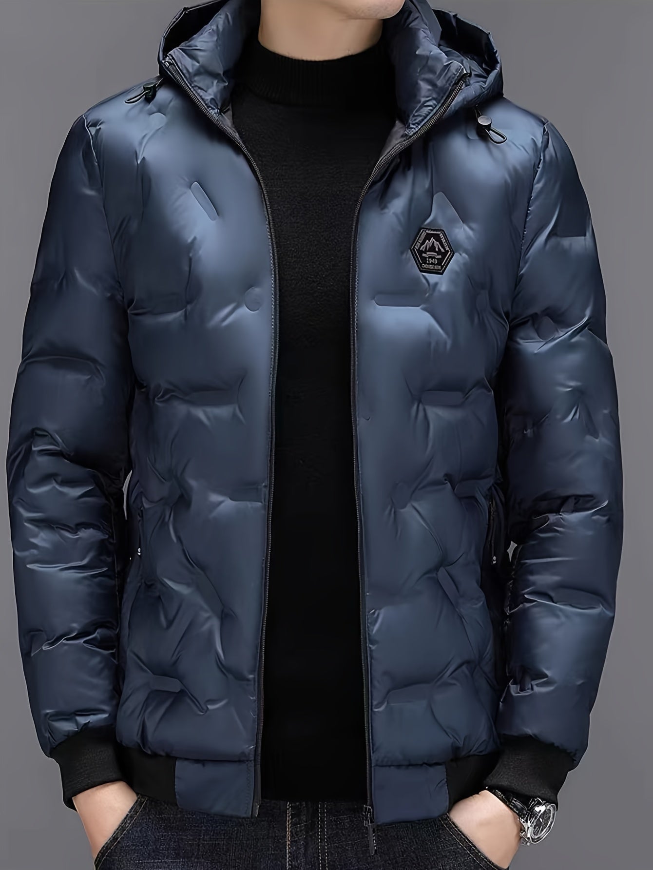 Męska pikowana puchowa kurtka zimowa z kapturem