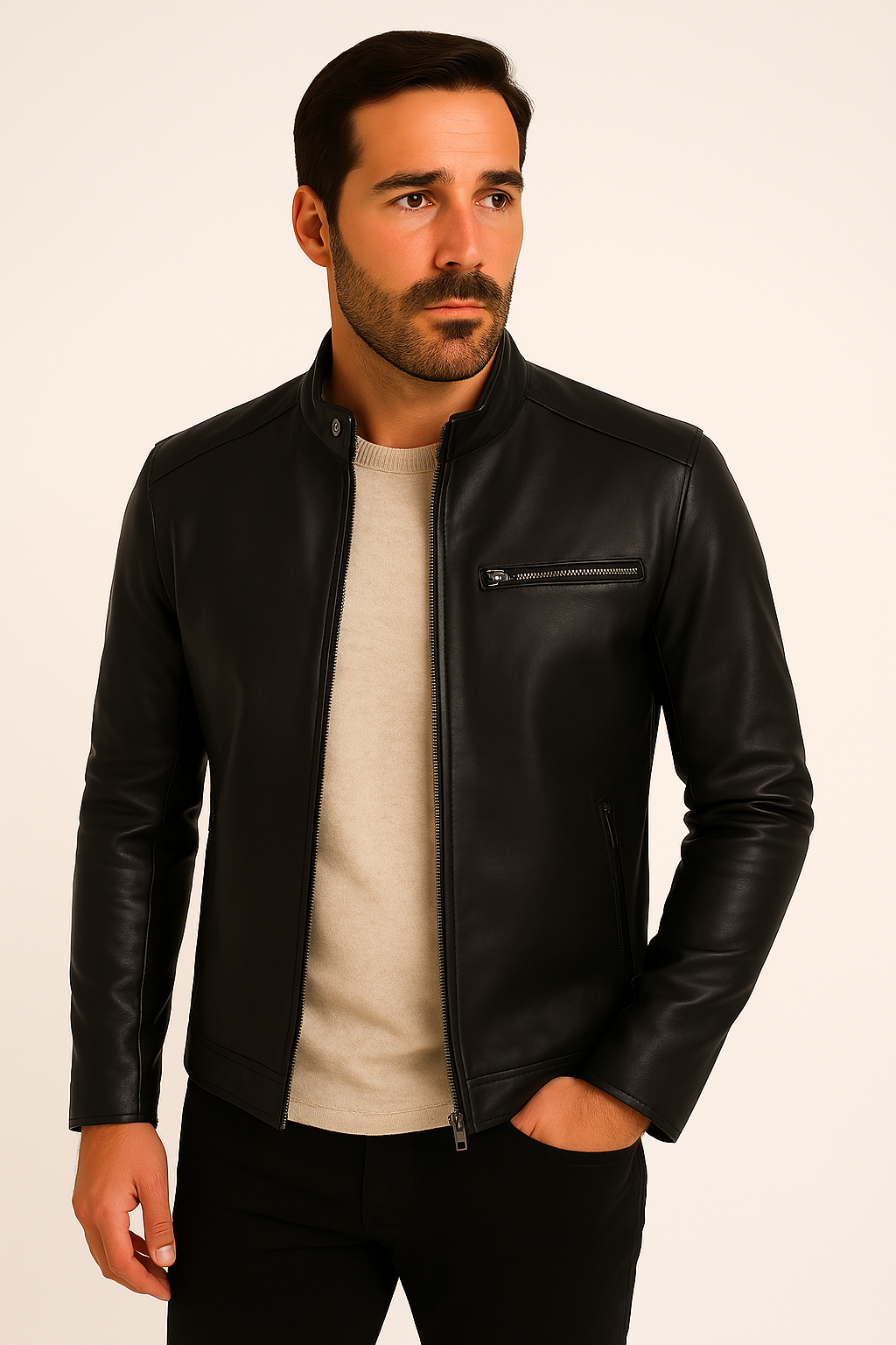 Męska Kurtka Skórzana ze Stójką i Kieszenią na Zamek