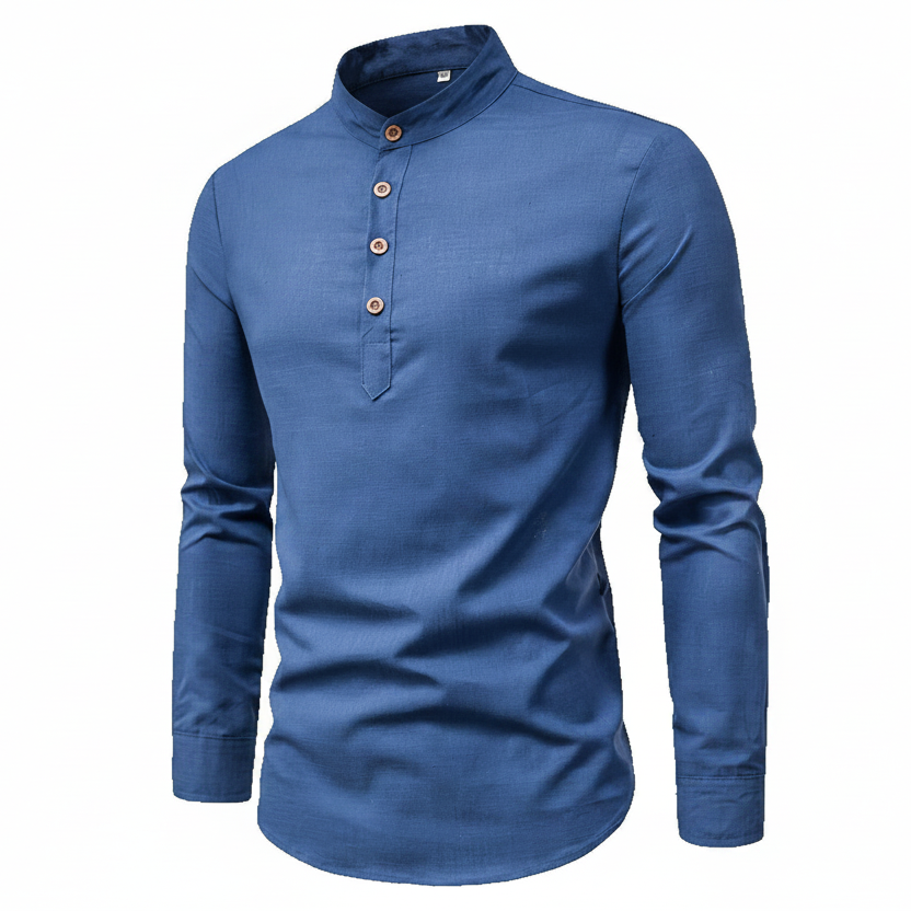 Męska Lniana Koszula z Długim Rękawem i Stójką