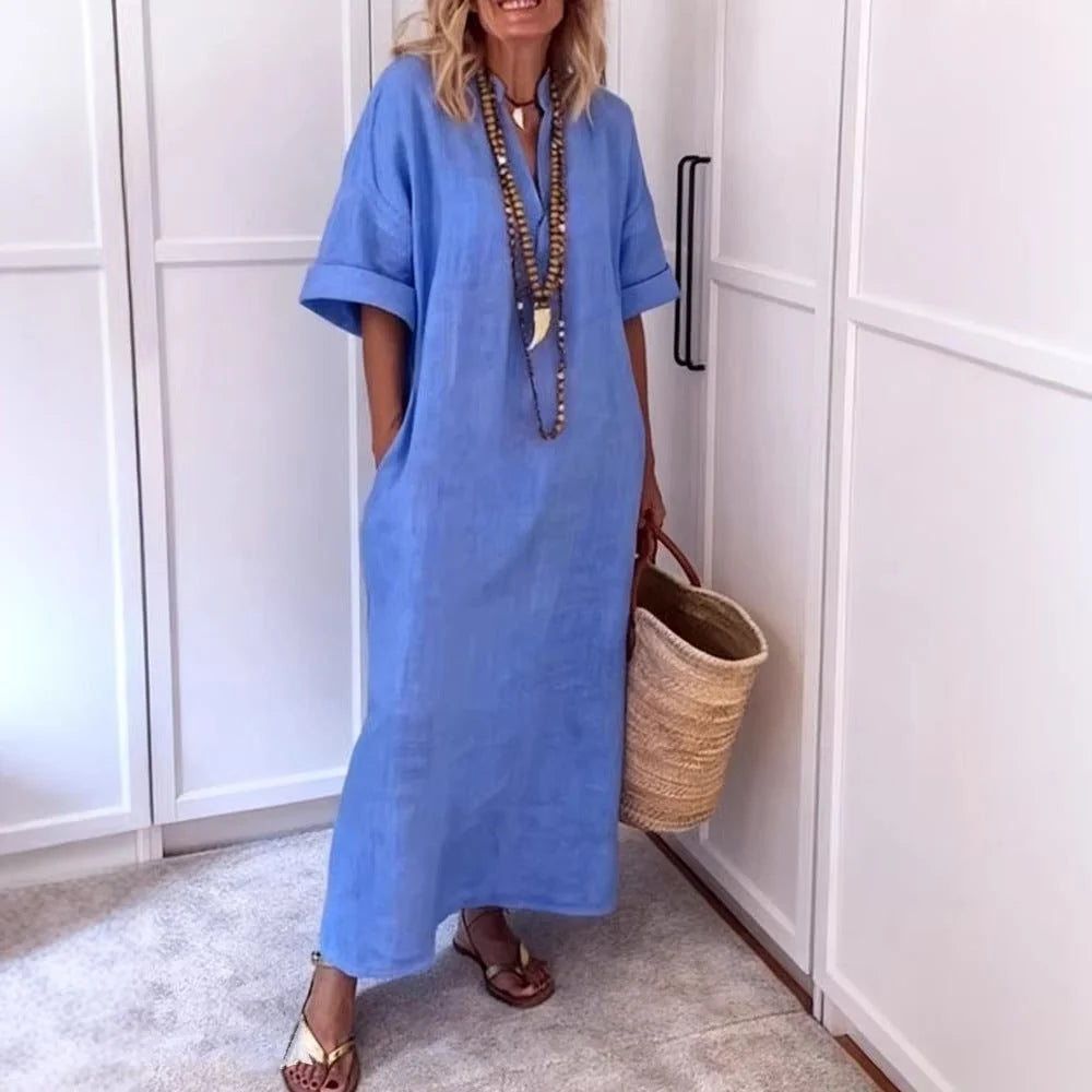 Lniana Sukienka Maxi Oversize z Kieszeniami i Dekoltem V