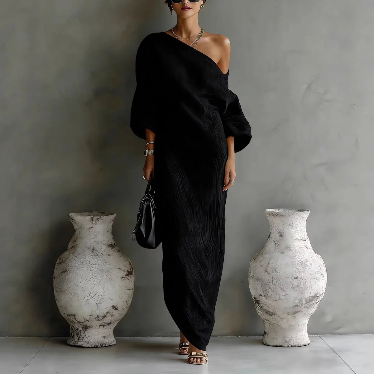 Długa Sukienka Maxi One Shoulder z Luźnym Fasonem