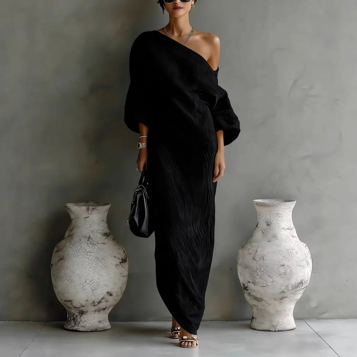 Długa Sukienka Maxi One Shoulder z Luźnym Fasonem