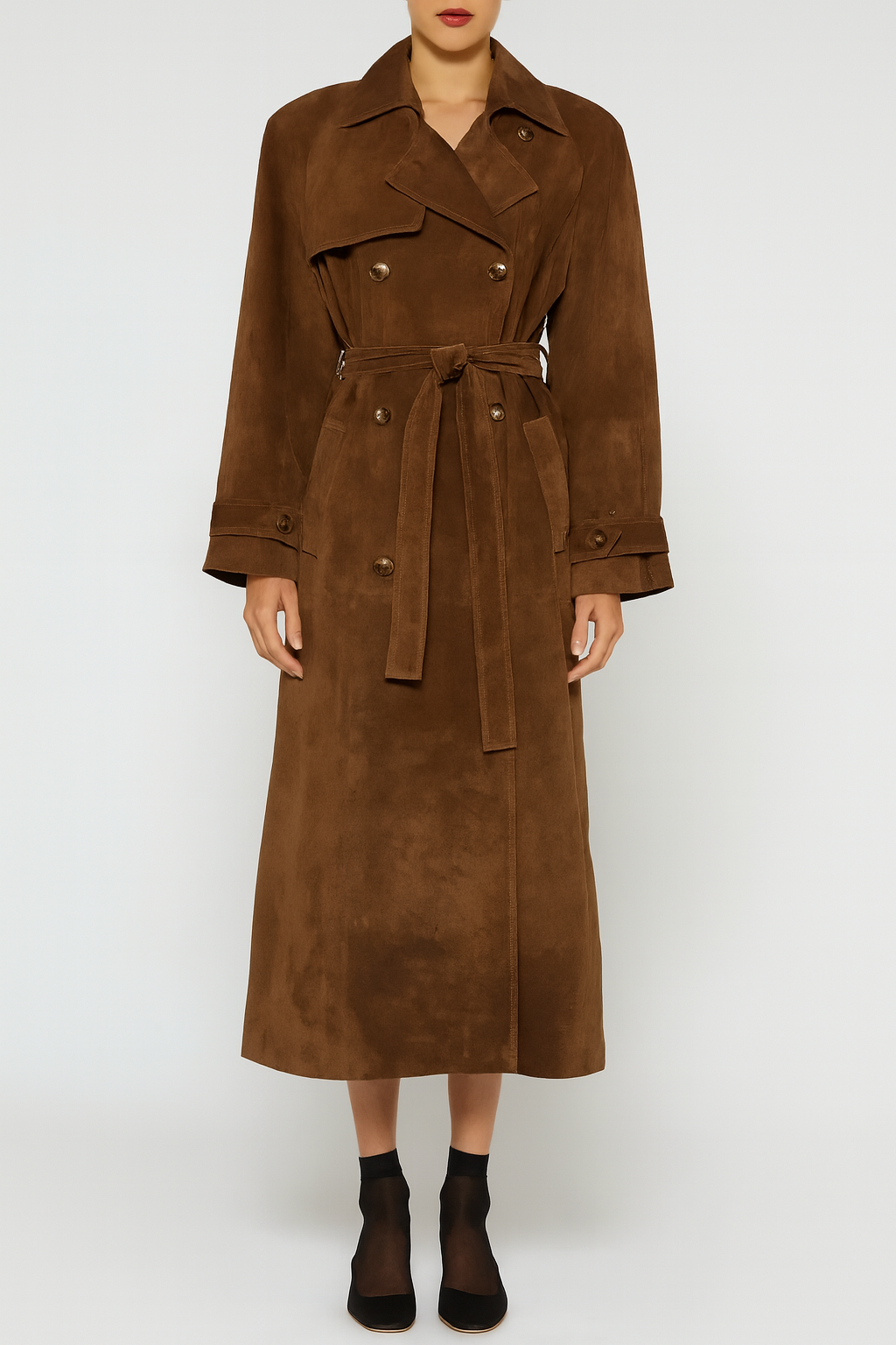 Damski długi płaszcz zamszowy z paskiem