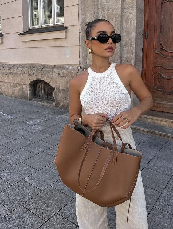 Duża torebka shopperka tote damska skórzana z długimi uchwytami