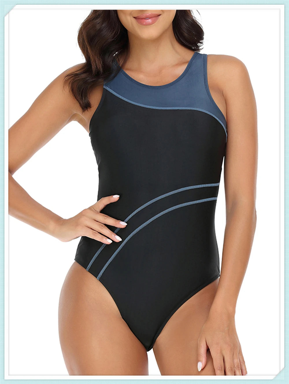 Sportowy jednoczęściowy strój kąpielowy z kontrastowymi przeszyciami