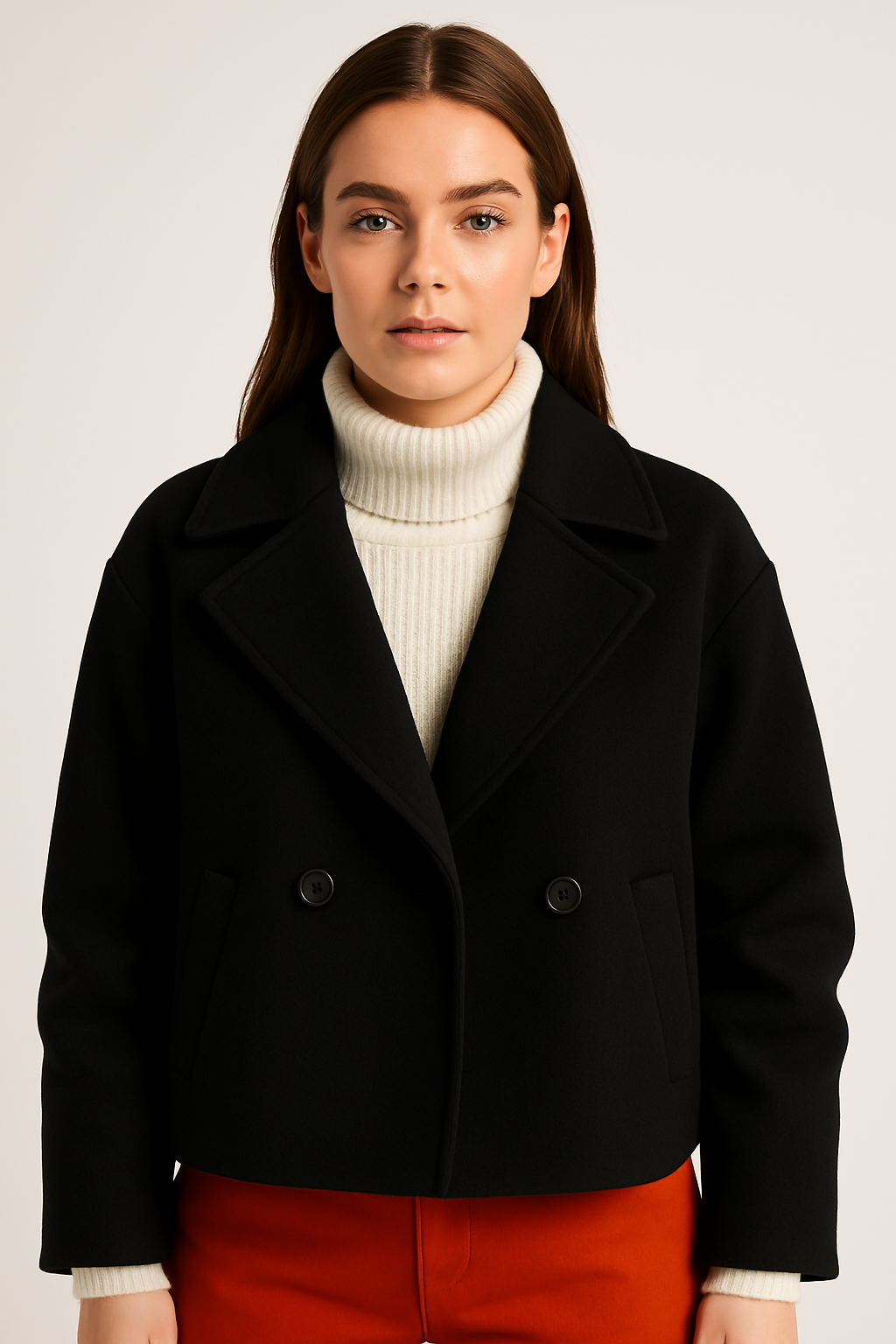 Damska krótka kurtka wełniana z szerokim kołnierzem