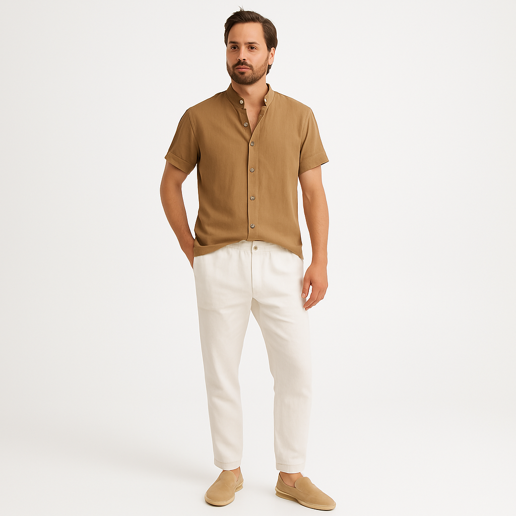 Lniany komplet męski z koszulą i spodniami