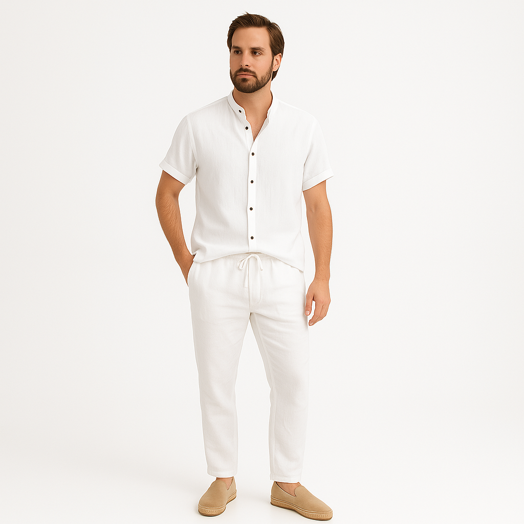 Lniany komplet męski z koszulą i spodniami