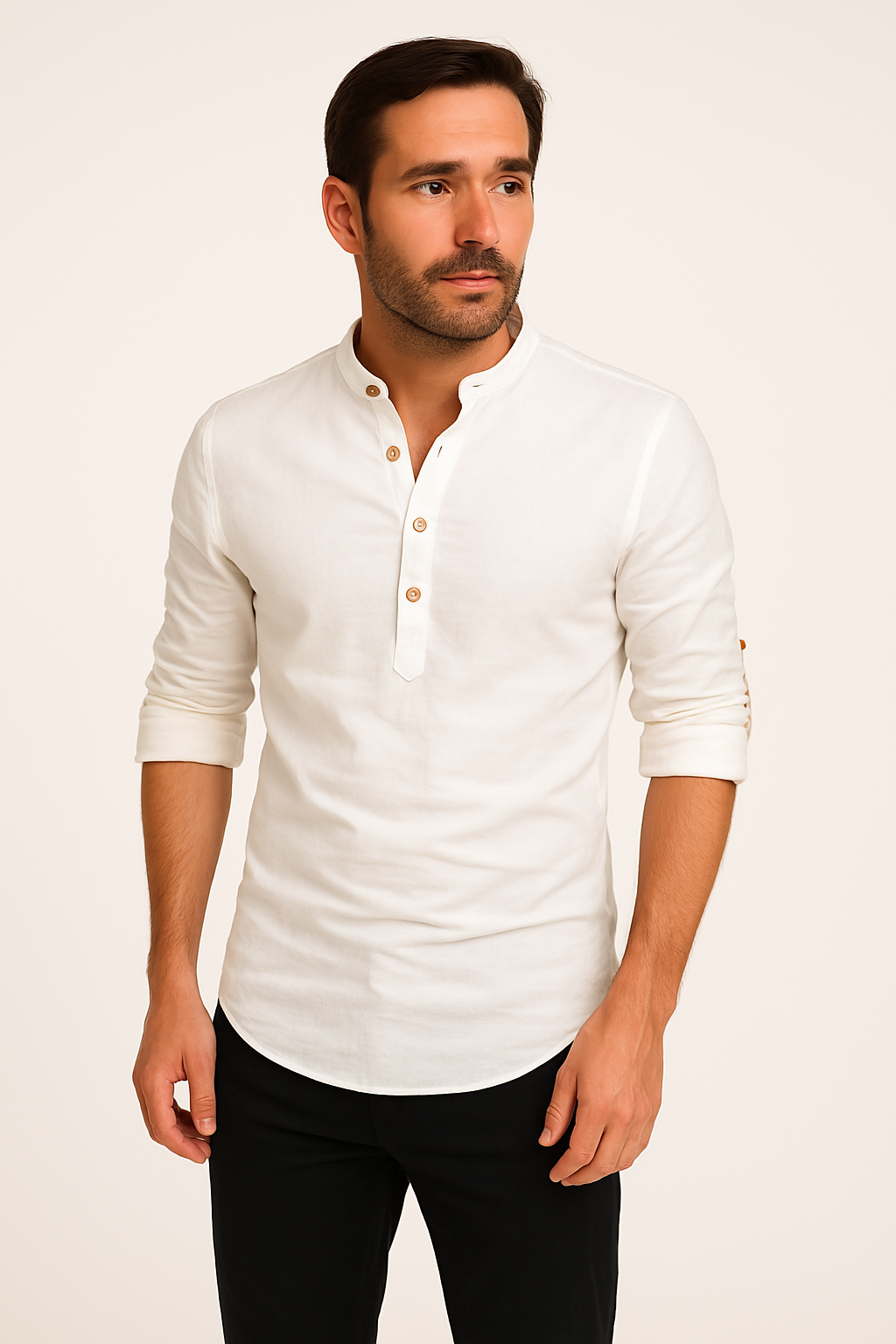 Męska Lniana Koszula z Długim Rękawem i Stójką