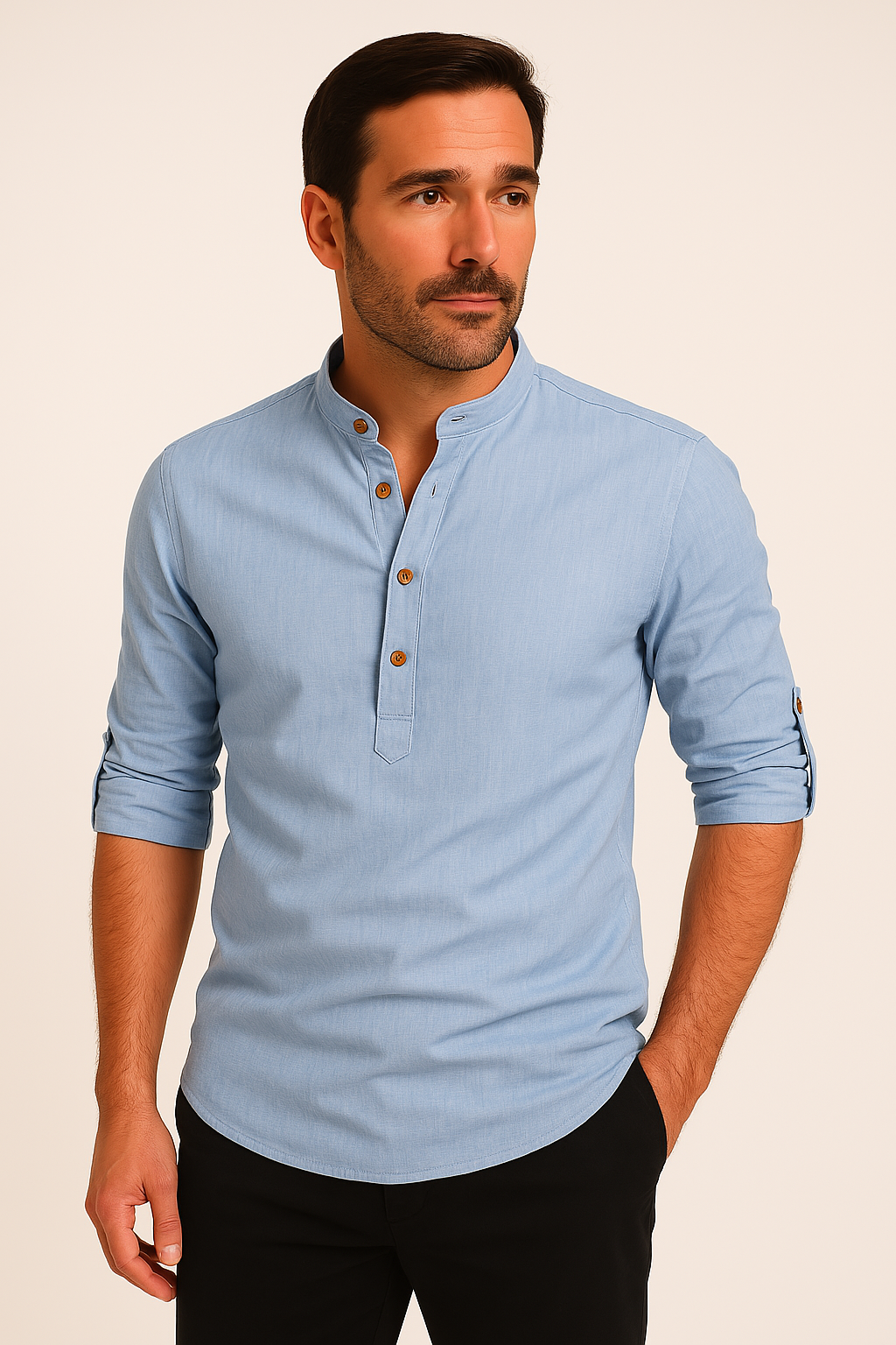 Męska Lniana Koszula z Długim Rękawem i Stójką