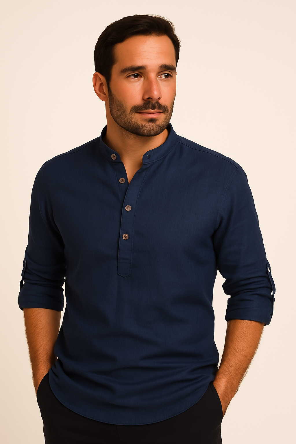 Męska Lniana Koszula z Długim Rękawem i Stójką