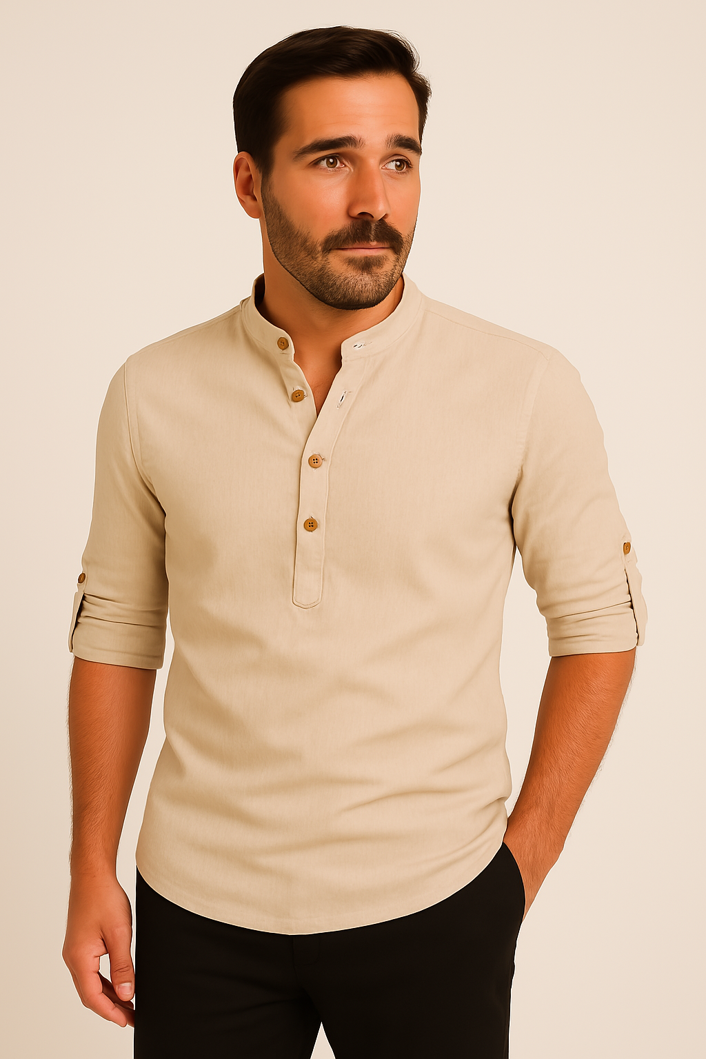 Męska Lniana Koszula z Długim Rękawem i Stójką