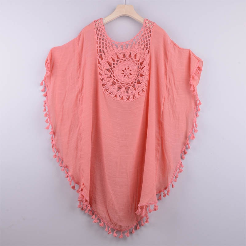 Tunika Plażowa z Ażurowym Dekoltem Boho