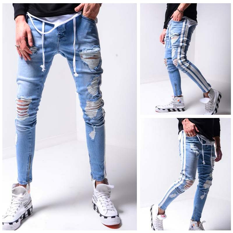 Męskie jeansy skinny fit z przetarciami, dziurami i bocznymi paskami