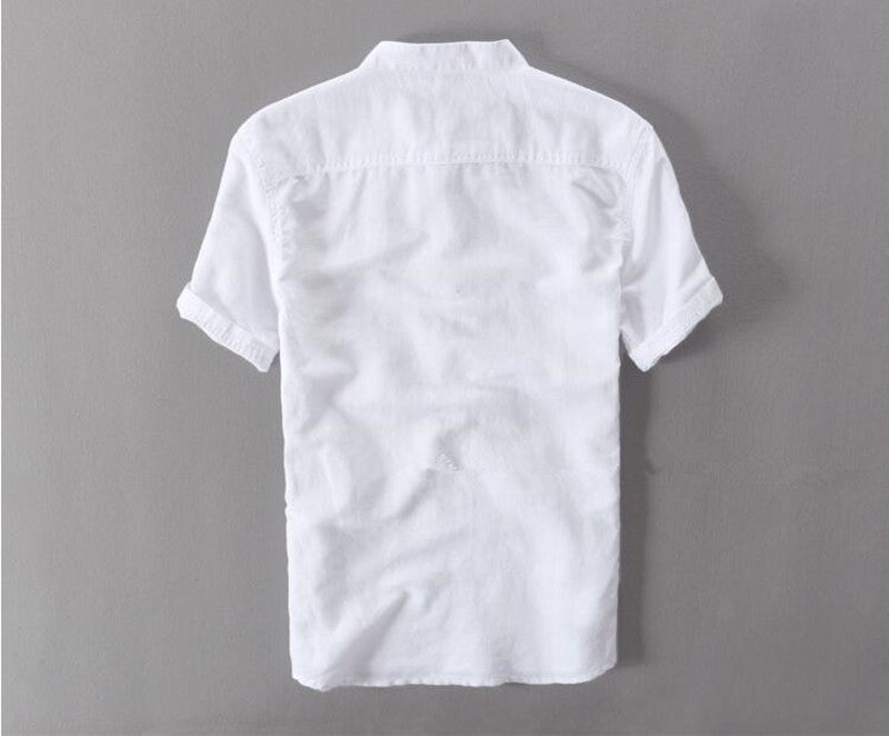 Lniana koszula męska z krótkim rękawem i stójką