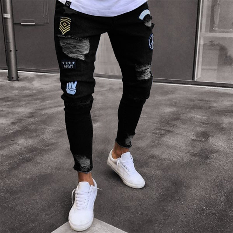 Męskie Jeansy Skinny z Przetarciami i Naszywkami