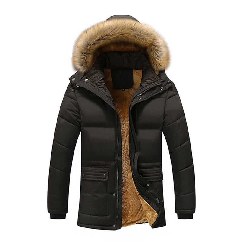 Męska kurtka zimowa z kapturem i futrzanym wykończeniem