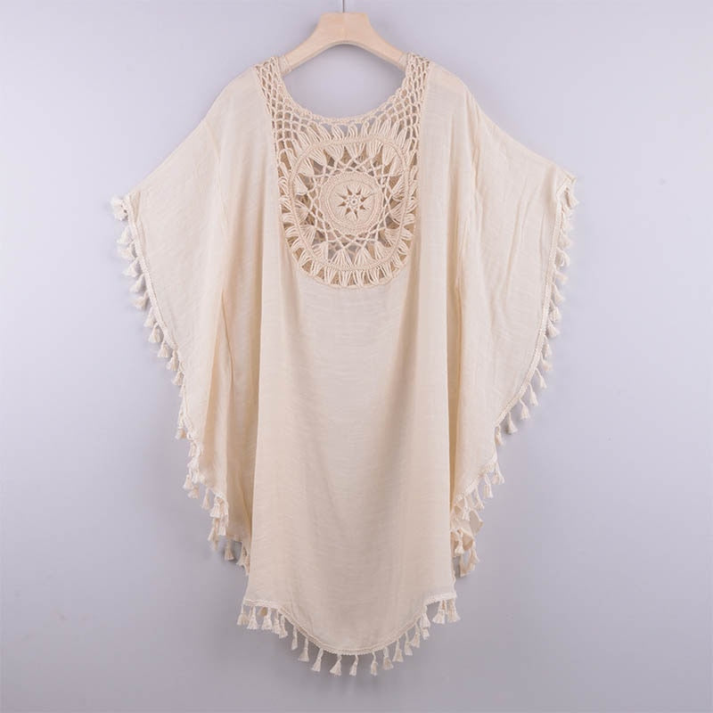 Tunika Plażowa z Ażurowym Dekoltem Boho