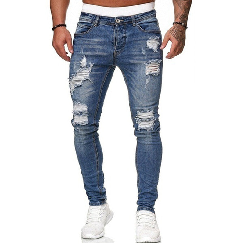 Męskie jeansy slim fit z przetarciami i dziurami