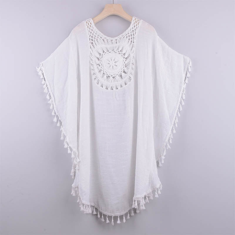 Tunika Plażowa z Ażurowym Dekoltem Boho